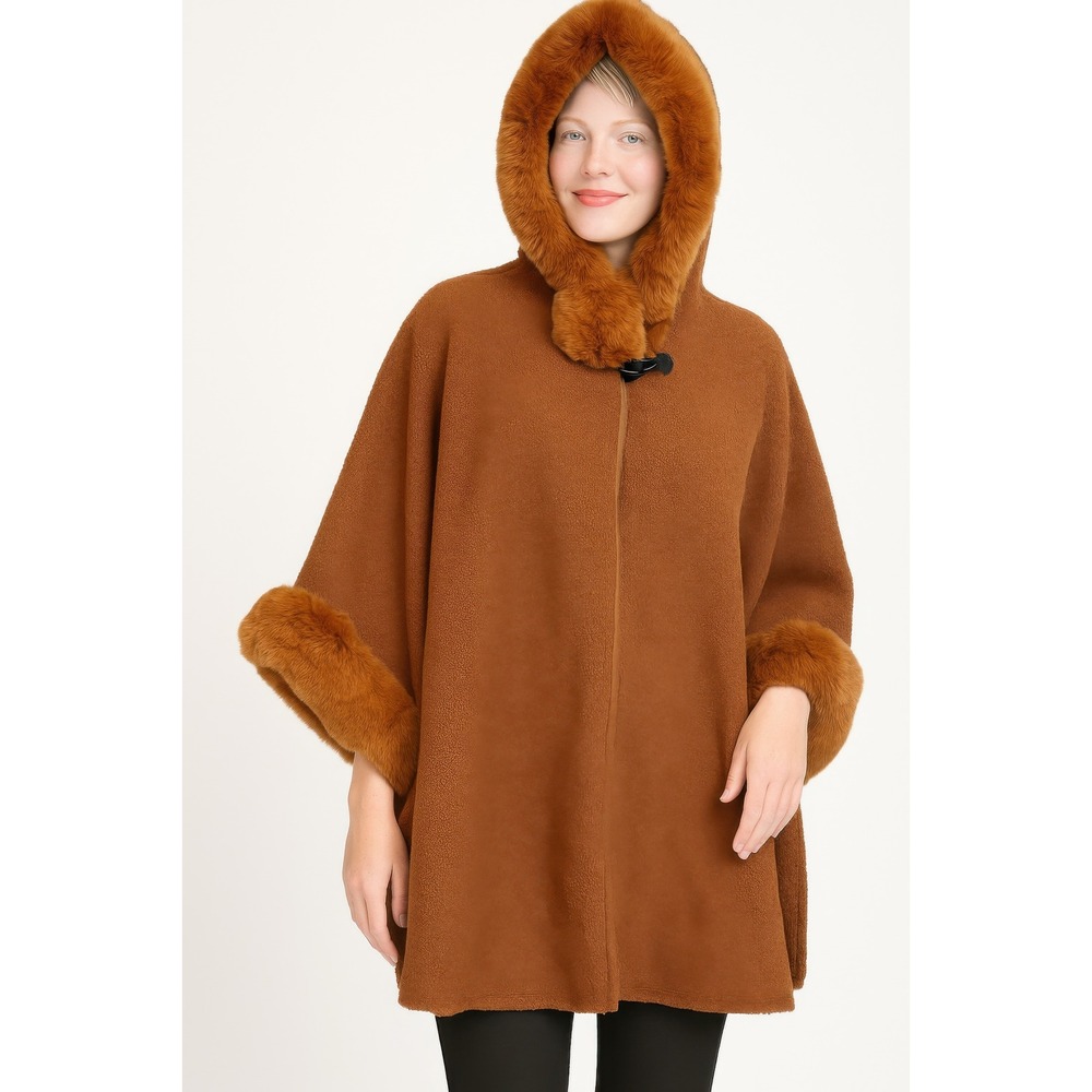 Fleece Cape Women OS Brown Excellent Faux Fur Trim Hooded Poncho Coat